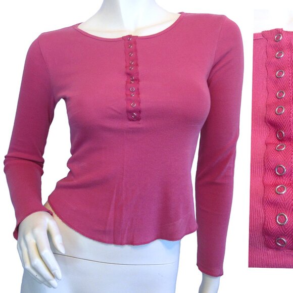 Y2K Vintage Express Pink Long Sleeve Henley Top Preppy Indie Sleaze Layering Tee - Picture 2 of 16